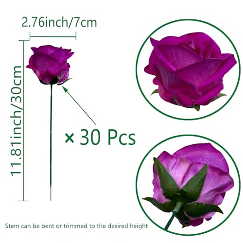 FagusHome 30 Pcs Silk Rose Artificial Flowers Roses Bulk Bouquet Fake Flowers Rose Heads with Stems for Home Wedding Decor (Purple) - color: Purple