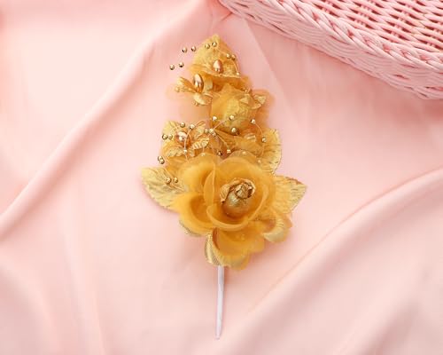 Set of 12 Artificial Silk Organza Craft Rose Flower, 12 Corsage Wristlet, 12 Pin Back DIY Boutonnieres for Wedding, Bridesmaids, Groomsmen, Quinceanera, Prom, Sweet 16 (Gold) - color: Gold