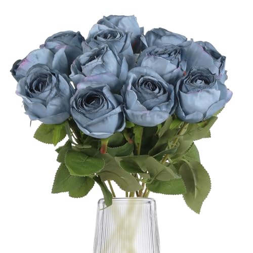 12Pcs Dusty Blue Roses Artificial Flowers 20" Vintage Silk Fake Roses for Vases Realistic Faux Roses Bouquet for Wedding Table Centerpieces Home Decorations DIY Party Arrangements (Dusty Blue) - color: Dusty Blue