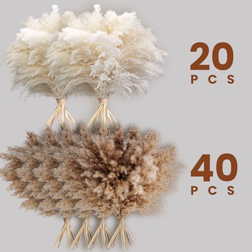 60 PCS Boho Decor, Fluffy Pompas Grass, Natural Dry Pampas Grass Small, Short Pampass Bulk for Boho Room Decor, Coffee Table Decor (17 inch ) - size: 60PCS-Natural and White