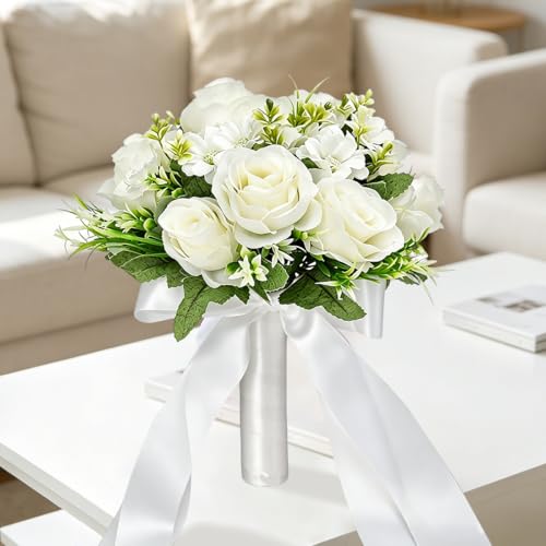 CYANLUX Wedding Bouquets for Bride Bridesmaid Bouquet Champagne White Artificial Roses Flowers for Wedding Valentine's Day Church Home Decoration (White)… - color: White