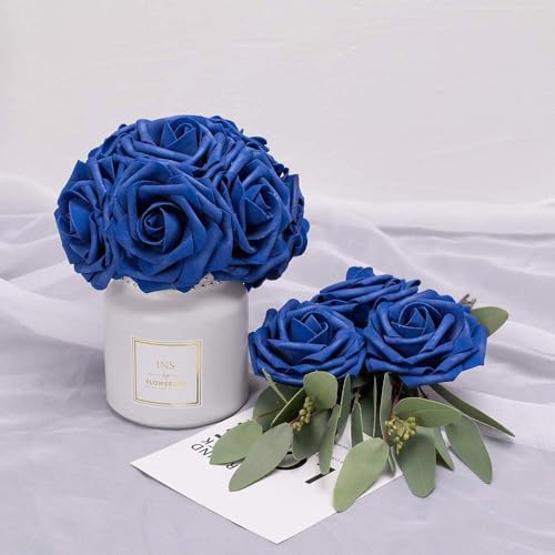 Higfra Artificial Flowers 50 Stems Realistic Roses - Lifelike Fake Flowers for Wedding Bouquets, Baby Shower Decor, Home Centerpieces, DIY Floral Arrangements (Royal Blue, 50pcs) - color: Royal Blue, size: 50Pcs
