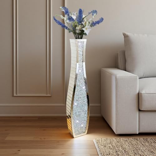 36" Extra Tall Double Sided Crushed Diamond Vases, Mirrored Silver Vase,Floor Vases Decorative Tall, Large Decorative Vase for Home,Office,Hotel Decor(7.72" L x4.33 W x 36" H)