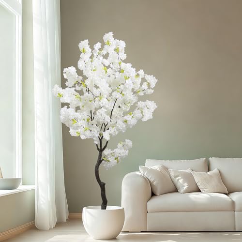 Large Artificial White Cherry Blossom 6ft(72in) Faux Floor Green Plant for Indoor Decor Natural Potted Tree Realistic Cherry Flowers Wood Trunk for Home Living Room,Office Perfect Housewarming Gift - color: Cherry Blossom(white 11), size: 6ft