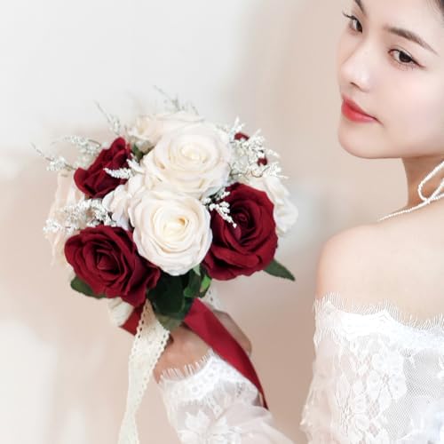 9 Inch Burgundy Wedding Bouquets for Bride Bridesmaid, Dark Red White Champagne Artificial Fake Roses Flowers Bridal Bouquet Winter Fall Boho Rustic Wedding Decoration Toss Bouquet Prom - color: Burgundy Red