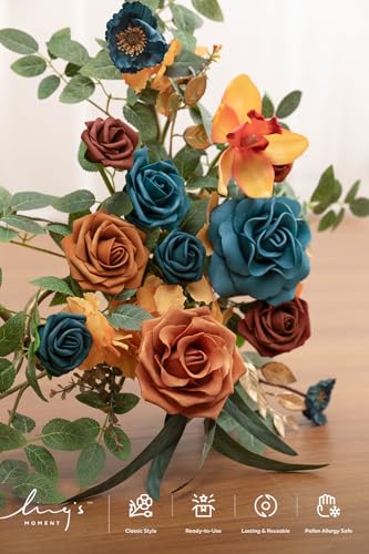 Ling's moment 2pcs Wedding Flowers Garland Artificial Floral Swag Arch Decorations Greenery Arrangements Orange & Teal Ceremony Reception Garden Easel Wall Entryway Outdoor Board(NOT Include Sign) - color: Teal & Orange