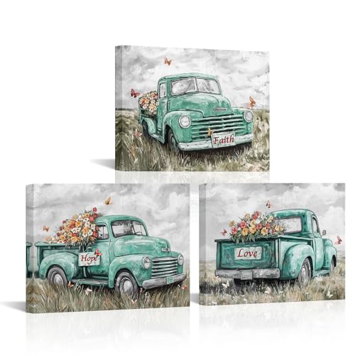 sechars Truck Wall Art Canvas Vintage Farmhouse Decor Faith Hope Love Floral Painting Prints (Green) - color: Green