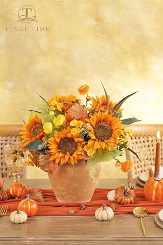 TINGE TIME 9 pcs Sunflowers Artificial Flowers, 6'' Silk Fake Sunflowers with Stems, Orange Faux Sunflowers for DIY Outdoors Decor Home Decor Tables Centerpieces - color: Orange