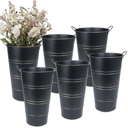 12 Inch Galvanized Metal Vases for Flowers - 6 Pcs Farmhouse Decorative Tall Flower Bucket with Handles, Rustic French Tin Planter Buckets for Wedding Decor (Black) - color: Black