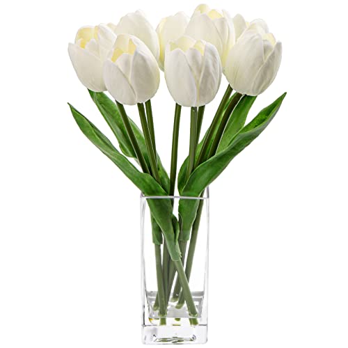 Briful Fake Flowers Artificial Tulip Flower White in Clear Vase, Real Touch Foam Tulip Arrangement Suitable for Home Office Decoration, Dining Table Centerpiece - color: Cream