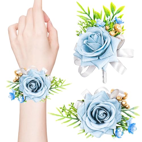 2 Pcs Blue Rose Wrist Corsage and Boutonniere Set, Rose Corsage Hand for Women, Boutonniere for Men Wedding Artificial Flowers Accessories Prom Decor, Wedding Flower Party Accessories (Blue) - color: Blue