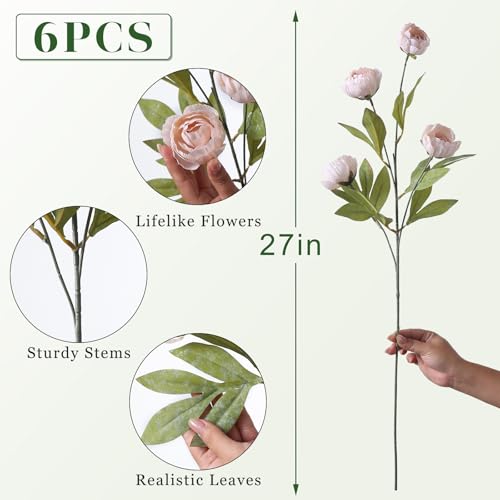VIERENA 6 Pcs Faux Silk Peony Artificial Flowers for Vase -27", Bulk Fake Peonies Branches with Stems for DIY Bouquet Centerpieces Wedding Fillers Arrangements Shower Decorations (Beige) - color: Beige