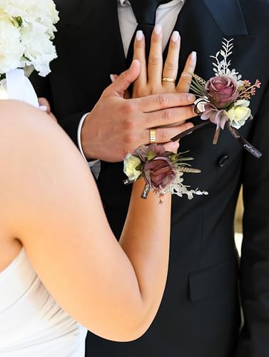 Corsage and Boutonniere Set Corsage Wistlet Dusty Red Corsage Wrist Artificial Flower Perfert for Proms | Weddings for Bride,Bridesmaids, Groom,Groomsmen Decor (Dusty Red) - color: Dusty Red