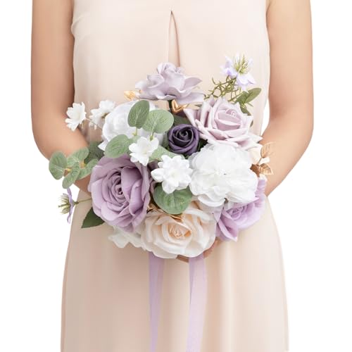 Ling's moment Light Purple Artificial Wedding Flower Bouquets for Bridesmaids White Floral Bouquet Lilac Bridal Bouquets for Bridesmaids with Ribbon Ceremony Anniversary,7-inch Diameter - color: Prpl-gold & Lilac