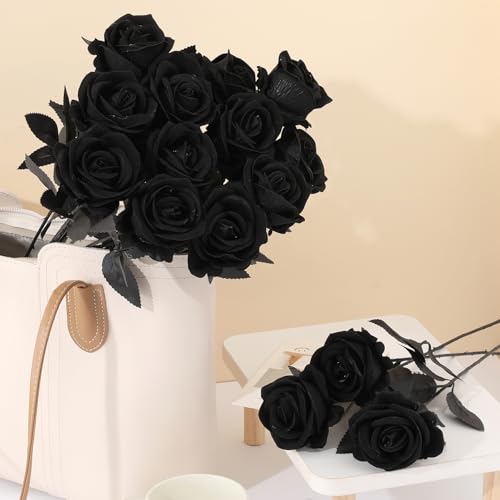 12Pcs Black Roses Artificial Flowers Fake Rose Faux Velvet Silk Flowers for Home Wedding Decoration (Pearl Roses, Pure Black) - color: Pearl Roses - Black Pure 12p