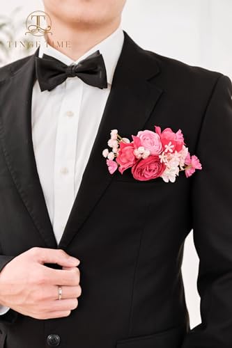 TINGE TIME Boutonniere for Men Wedding Elegant Hot Pink Groom & Best Man Pocket Flower for Wedding, Prom, Homecoming, Anniversary, Graduation, Christmas Dinner - color: Hotpink