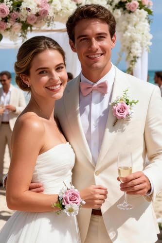 Serwalin Pink Rose Corsage and Boutonniere Set, Prom Flower Wrist Corsage Bracelets, Homecoming Roses Corsage Wristlet and Men Boutonniere for Wedding Flowers Accessories Prom Suit Decorations - color: Pink, size: 1 Boutonniere & 1 Wrist Corsage - 2pcs