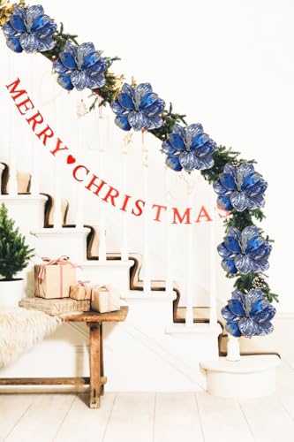 Briful 3PCS Magnolia Artificial Christmas Flower 21.2" Blue Fake Magnolia Flower Stems with Specially Designed Mottled Petals Christmas Tree Flowers for Holiday Wreath Garland Xmas Decor - color: Blue Silver
