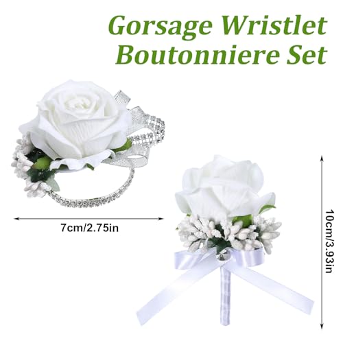 Lusofie Sparkling White Rose Corsage and Boutonniere Set for Women Men - 2Pcs Elegant Rhinestone Wristlet, Artificial Flowers for Prom Wedding Homecoming Party