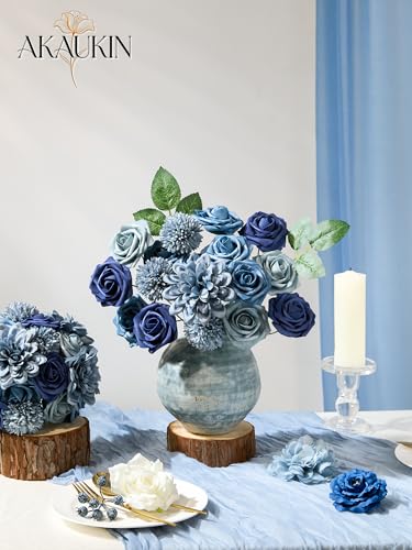 Artificial Flowers Combo Set Navy Blue Dahlia Roses DIY Wedding Decor | Silk Fake flowers arrangement set for home decor crafts reusable party bouquets DIY wedding table and event decorations - color: Navy Blue, size: The Minimalist