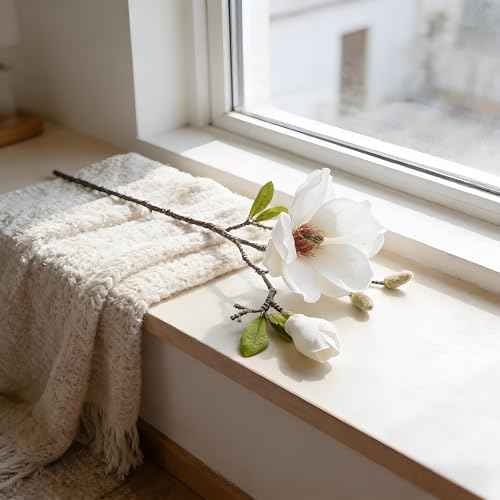 White Artificial Magnolia Silk Flower for Home, Wedding, Garden Decor, Single Stem for Vase, Table Arrangement