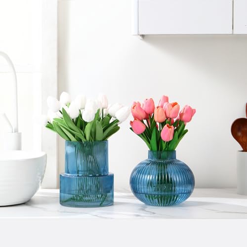 Ribbed Glass Vases, Set of 2 Fluted Vases for Flowers, Blue Glass Vase for Tulips, Modern Vase for Living Room, Kitchen, Office, Entryway, Mantle, Bookshelf, Wedding Gifts, Birthday - color: Blue, size: Ribbed + Round (2-Pack)