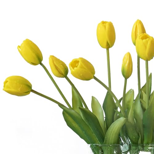 DUYONE 15Pcs Artificial Tulips Flowers, Soft Touch Realistic Latex Tulips Bouquet for Home Office Wedding Party Garden Decor, Fake Flowers for Centerpieces Dining Table Living Room Spring-B Yellow - color: B Style-15pcs Yellow (No Vase)