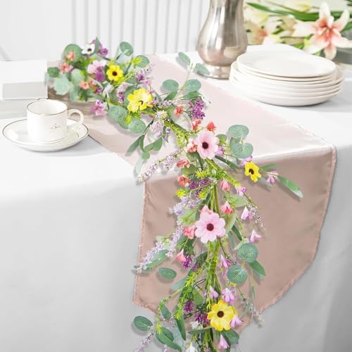 6.5FT Wildflower Daisy Garland Flower Garland with Daisy Lavender Faux Floral Vine Summer Spring Garland for Mantle Baby Shower Wedding Arch Front Door Porch Staircase Summer Spring Decor (1 Pcs)