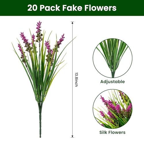 20 Bundles Artificial Plants Outdoor, UV Resistant Fake Flowers， Realistic Faux Lavender Shrubs for Porch Garden Window Box Home Decoration (Rosy) - color: Rosy