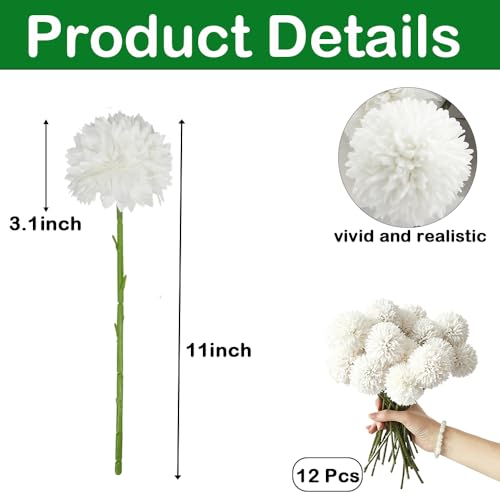 Tinsow 12 Pcs Artificial Flowers Faux Ball Chrysanthemum Bouquet Silk White Flowers Bridal Wedding Bouquet for Home Garden Party Wedding Decoration (White, 12) - color: White
