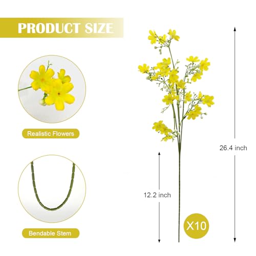 10 PCS Silk Flowers with Long Stems Artificial Flower for Tall Vase Outdoors Fake Babys Breath Bouquet Faux Floral Wedding Party Decoration Home Indoor Table Centerpiece Decor (Yellow) - color: Yellow