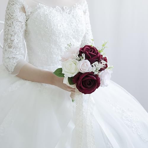Wedding Bouquets for Bride Bridesmaid, Artificial Burgundy Blush Bride Flower Bouquet for Wedding Church Decoration Ceremony, Anniversary, etc, Roses Flowers - color: Burgundy & Blush