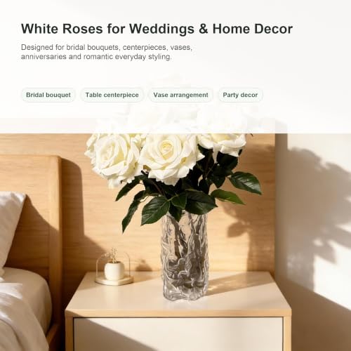 6 Stems Real Touch Artificial White Roses, 22.5in Long Stem Faux Silk Rose Bouquet with 4in Blooms and 3in Buds, White Fake Roses for Wedding Bouquets, Centerpieces, Vase and Home Decor - color: White