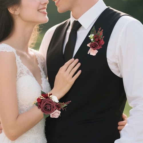 2Pcs Wedding Corsage and Boutonniere Set Burgundy Rose Corsage Wristlet and Boutonniere for Men Women Groom Bride Bridesmaid Groomsmen Wedding Party Accessory Prom Decoration (Burgundy) - color: Burgundy