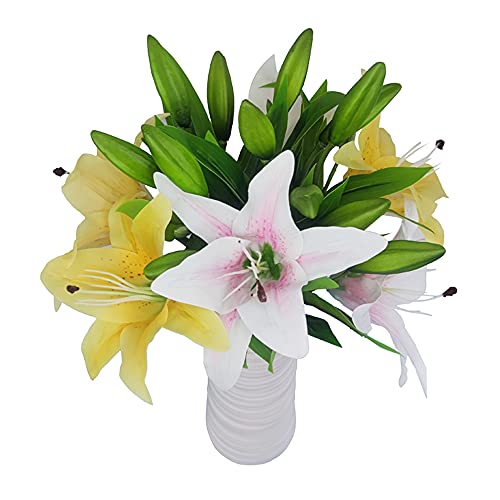 7 Pcs Artificial Lily Flowers Artificial Lilies Flowers for Home Wedding Bouquets Home Hotel Party Decor Graves Arrangement (Yellow,Light Pink) - color: Yellow,light Pink