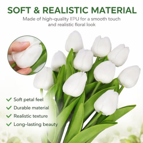 10 Pack Tulips Artificial Flowers PU Faux Flowers Fake Tulips for Home Kitchen Wedding Dining Table Decorations Mother's Day Easter Valentine's Day Decor (White) - color: White
