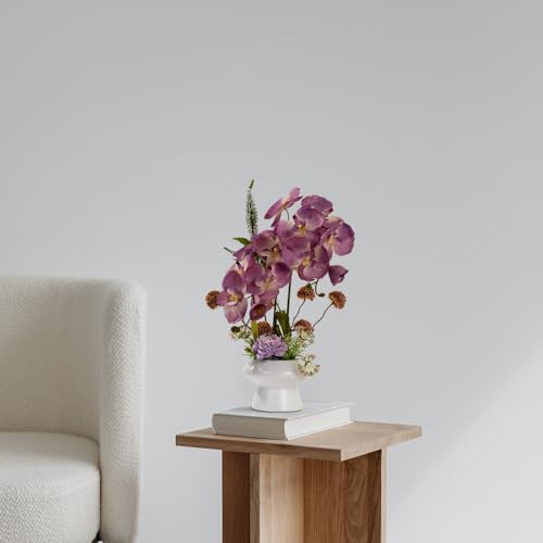 LESING Orchids Flowers Arrangement in Pot,Fake Silk Orchid Artificial Flower with Ceramic Vase Faux Orchid Flower Bonsai Vivid Phalaenopsis Flowers Potting Decoration (White Vase,Purple) - color: White Vase,purple