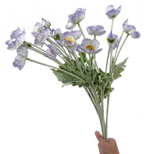 Set of 6 Poppies Flowers Artificial Silk Flowers with Long Stems Faux Wildflowers Bouquet for Vases Oil Pastel Style for Wedding Party Indoor Home Office Decor (Light Purple Blue) - color: Light Purple Blue