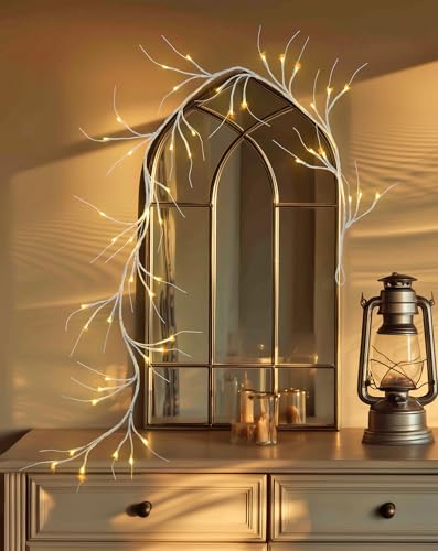 JMEXSUSS 6FT Birch Garland Lighted, 48 LED Lighted Birch Garland Battery Operated, Christmas Garland Warm White Twig Lights for Mantle Fireplace Home Table Room Wall Christmas Decor - color: White Birch