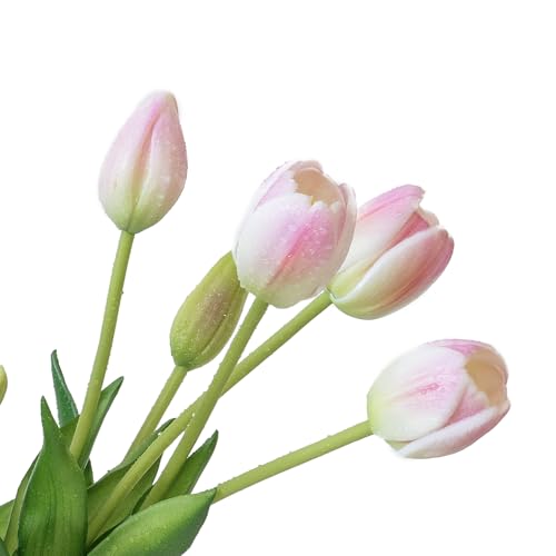 DUYONE 15Pcs Artificial Tulips Flowers, Soft Touch Realistic Latex Tulips Bouquet for Home Office Wedding Party Garden Decor, Fake Flowers for Dining Table Living Room Spring-B Peach Pink - color: B Style-15pcs Peach Pink(no Vase)