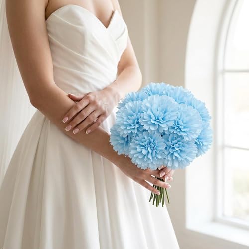 Larksilk 100 Pack Artificial Carnations - Bulk Silk Flowers for Weddings, Mother's Day, Graduations, Easter & Memorial Day - 3.5" Heads, 5" Stems, Real Touch Petals, 18 Colors Available - Blue - color: Blue, size: 100