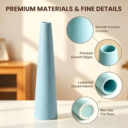 Small Ceramic Bud Vase, Tall Conic Single Stem Vase, Decorative Floral Centerpiece for Home Office Living Room Wedding Decor - color: Light Blue