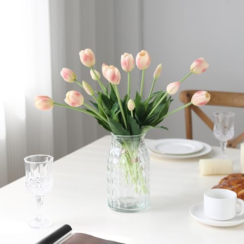 15 Pcs Meat Pink Artificial Tulips Fake Flowers, Premium Latex Lifelike Texture, UV Resistant Waterproof Faux Tulip Bouquets with Snap-on Petals for Outdoor, Home, Wedding Decor - color: Meat Pink