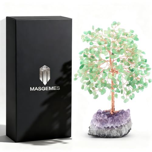 Crystal Tree of Life,Natural Green Aventurine (406 Beads Count) Amethyst Cluster Base, Positive Energy Feng Shui Gem Bonsai Money Tree Good Luck,Gift Size 8.5-9 Inches - color: Aventurine With Amethyst Cluster Base