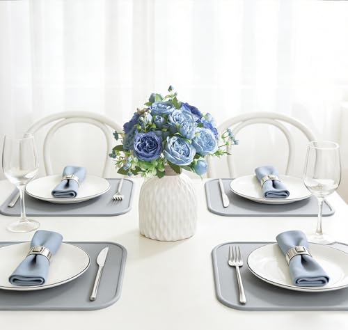 Mkono Peonies Artificial Flowers, Small Silk Flowers for Home Decor Indoor Fake Bouquet Faux Floral Arrangements Dining Table Centerpieces for Kitchen Party Decor Blue - color: Blue