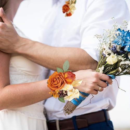 Corsage and Boutonniere Set for Bride Groom Bridesmaids Groomsmen Wedding Prom Homecoming Boutonniere and Corsage Wristlet (Terracotta) - color: Terracotta