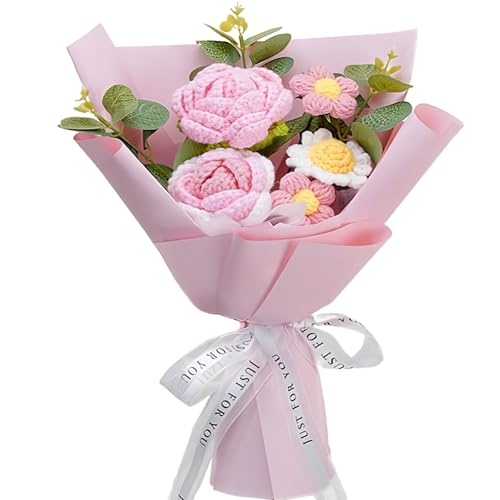 Crochet Flowers Bouquet,Pink Rose Crocheted Flower Bouquet,Knitted Artificial Flowers Bouquet Get Well Gifts for Women Girlfriend Family Coworker Mother's Day Christmas Birthday Wedding Gift - color: Pink