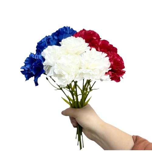 11 Inch Bouquets 10 Stem Carnations,Outdoor UV Resistant No Fade Artificial Flower,Mini Carnation Silk Petals Fake Flowers Forever Plants for Photo Props Home Party and Wedding Decor (Red White Blue) - color: Red White Blue