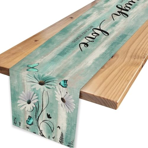 Daisy Floral Table Runner, Spring Summer Teal Floral Flower Boho Butterfly Farmhouse Coffee Table Center Decor for Family Kitchen Holiday Party Table Decorations, 13"x36" - color: Daisy-10, size: 13“ X 36"