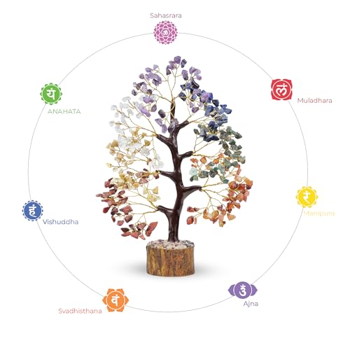 YATHABI 7 Chakra Tree of Life Decor - Crystal Tree - Feng Shui Decor - Crystal Bonsai Tree - Gem Tree - Gemstone and Crystals - Spiritual Tree - Chakra Stones - Crystal Gifts - Birthday Gift for Women - color: Seven Chakra Golden Wire, size: 10 Inch